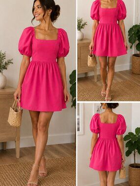 Babydoll Dress, pink puff sleeve NWT Size Medium Square Neck Mini Dress